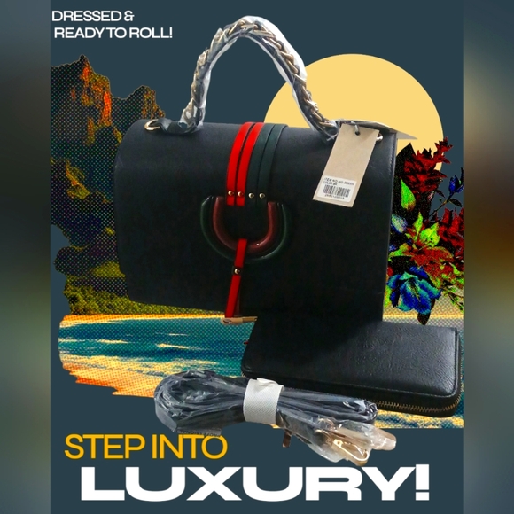 Black Tribal Leather Top Handle Satchel Handbag Set w Wallet - Picture 5 of 9